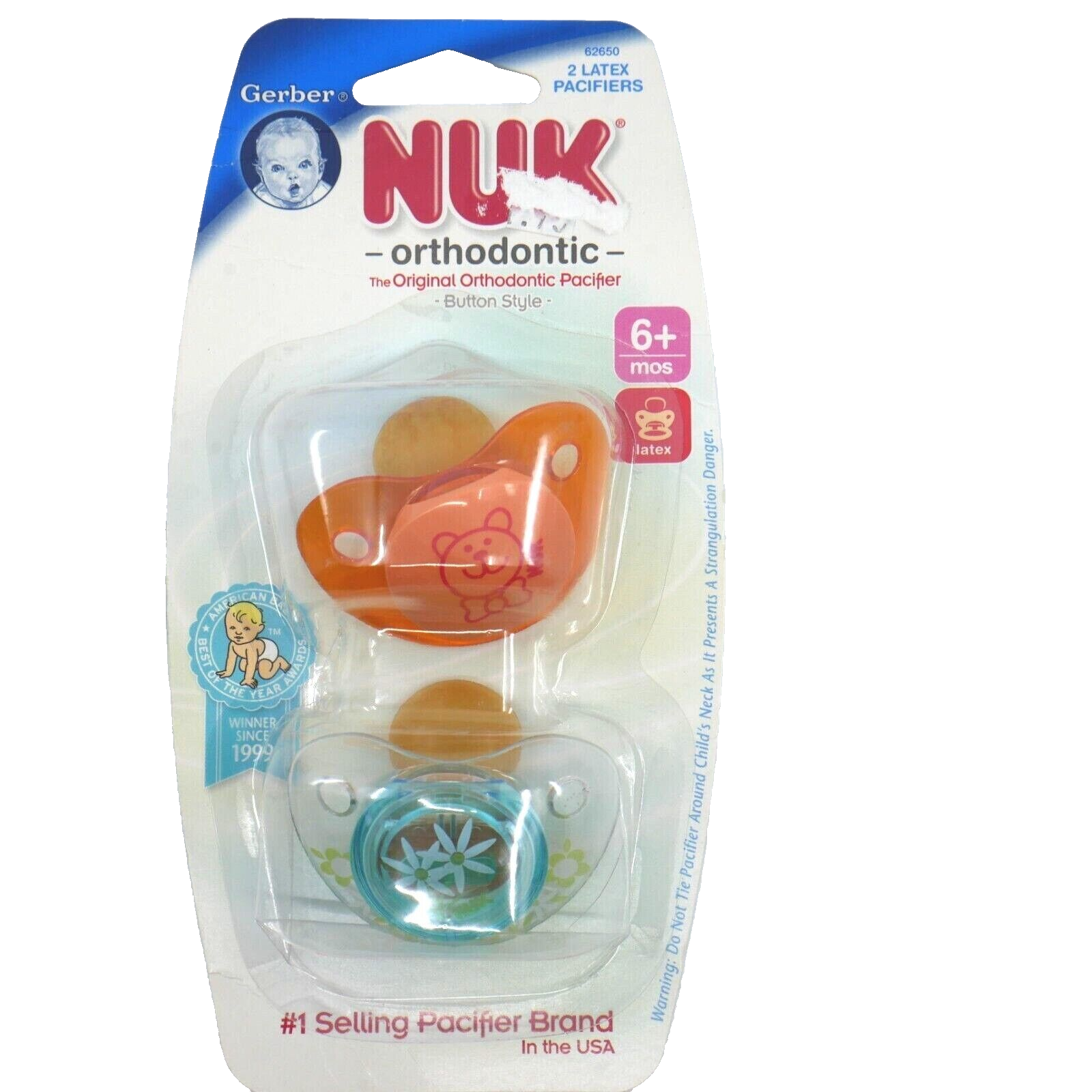 Nuk Orthodontic LATEX Button-style Pacifier 6m+ Blue Bear Flower NOS