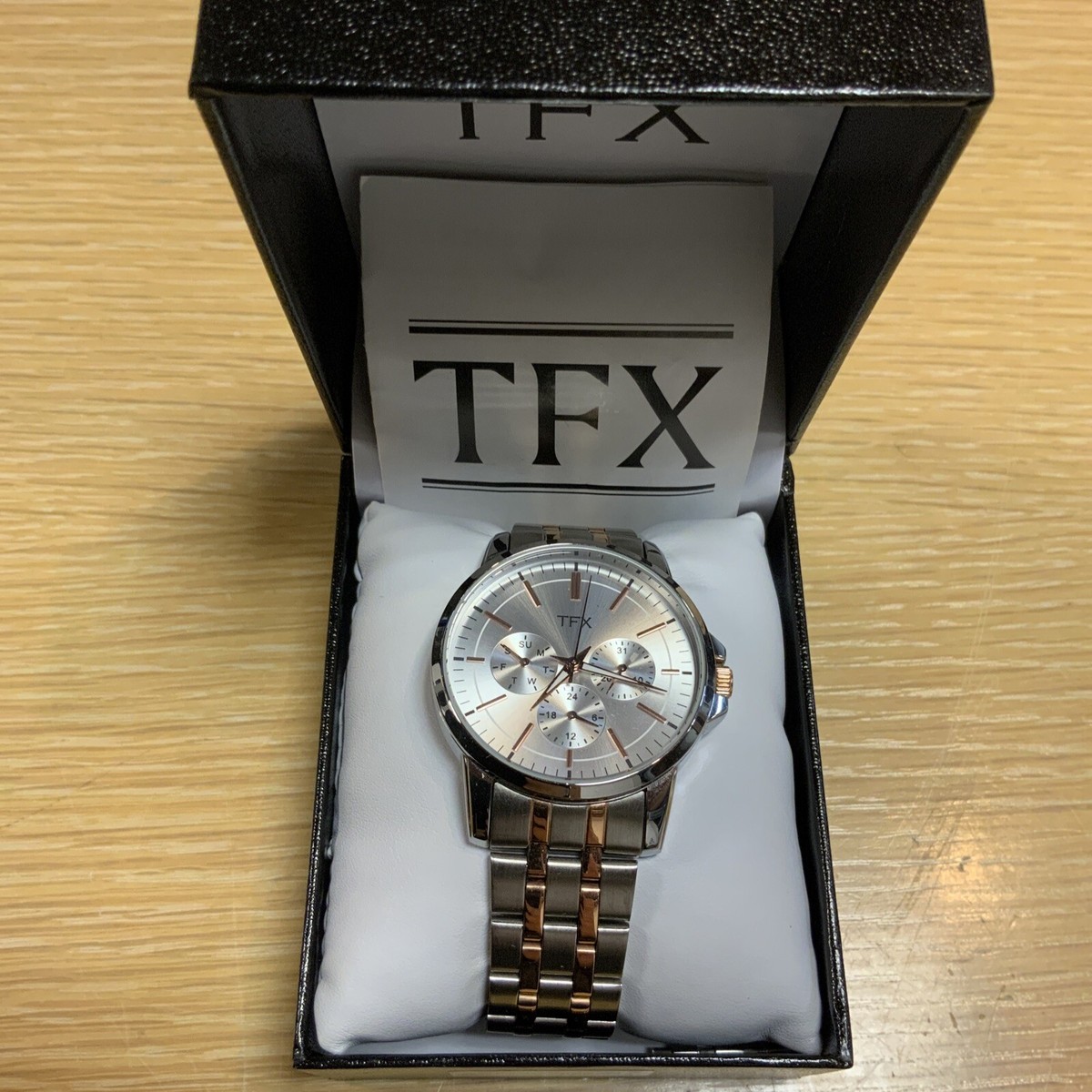 TFX Mens Two Tone Stainless Steel Watch Rose Gold And Silver Dial 38C100