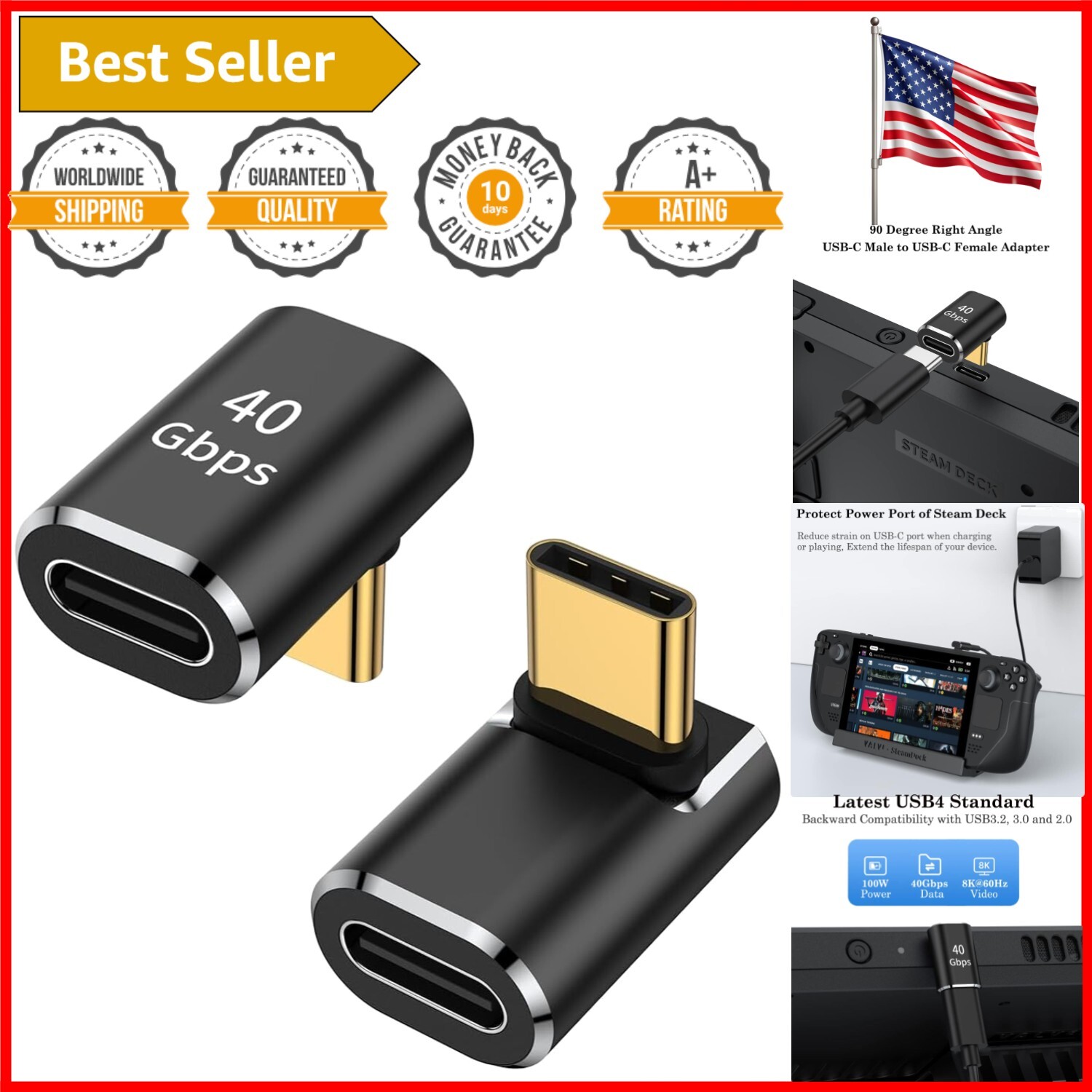 Universal USB C 90-Degree L Shape Adapter 2-Pack for MacBook, Steam Deck & More