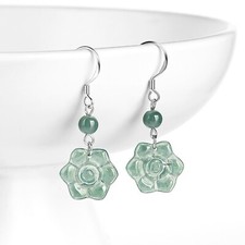 925 Silver Natural Grade A Jade Jadeite Bead Rose Flower Elegant Earringsgs