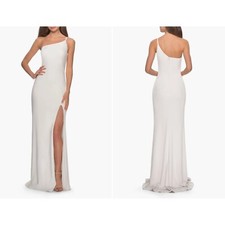 New La Femme Size 2 One-Shoulder Jersey Gown white 28176 Stain