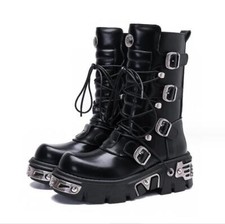 New Rock Boots Unisex Metallic Black Leather Platform Gothic Boots UK