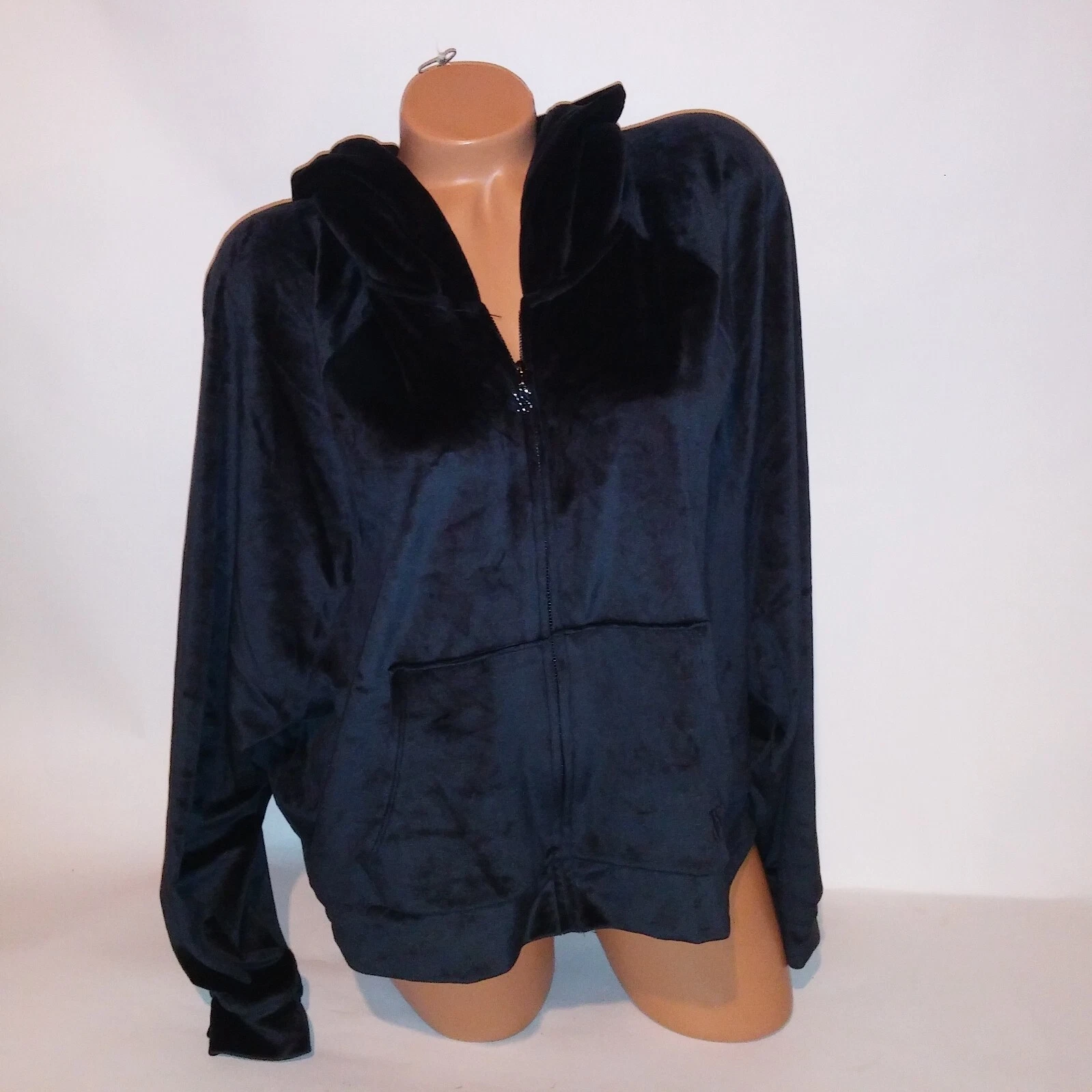 UNDERCOVER Felpa con cappuccio Victoria Secret Crop XXL nera velluto super morbida tinta unita zip intera