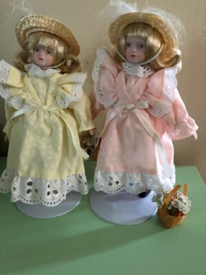 VINTAGE LOT OF 2 PORCELAIN FACE Bisque Dolls With Stand 8'' YELLOW AND PINK DRESS