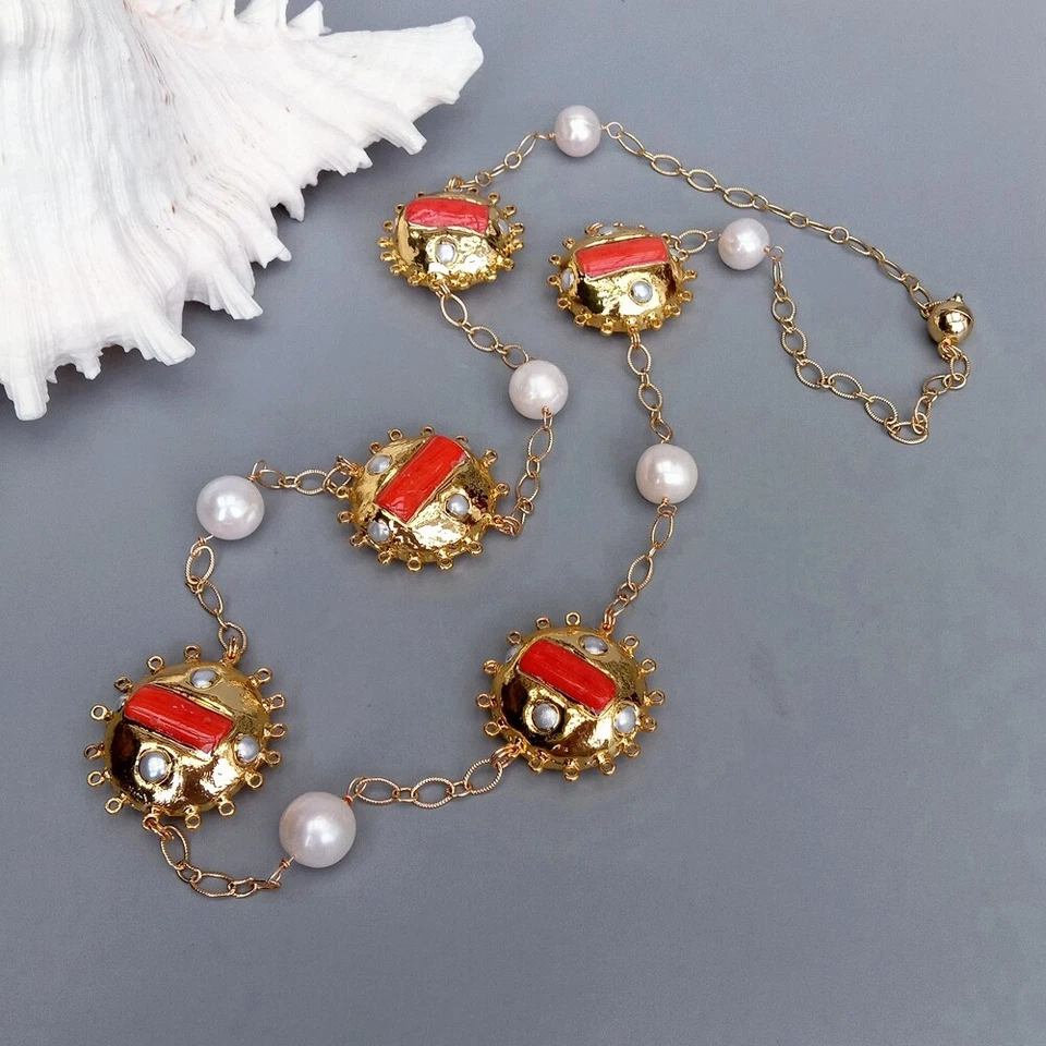 33» культивированный белый жемчуг оранжевый коралл длинный станции ожерелье ювелирных изделий подарок - Изображение 4 из 4