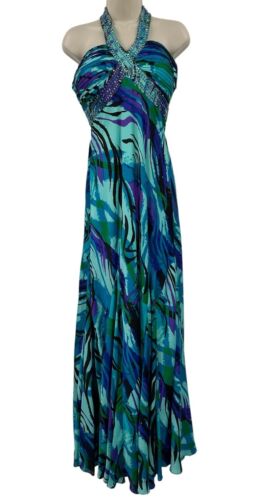 Ignite Evening Gown 8 Blue Green Animal Print Beaded Long Prom Formal Satin - Picture 1 of 9