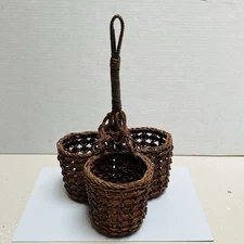 Woven Wicker Utensil Caddy 3 Round Basket Brown Hanging Holder MCM Decor