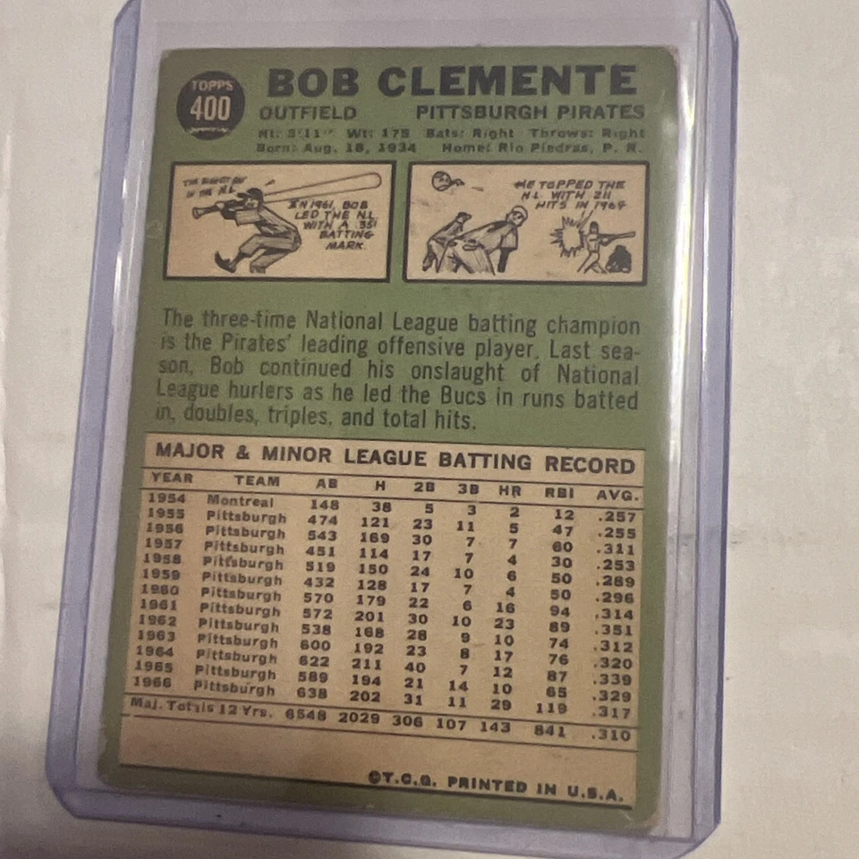Tarjeta de béisbol vintage Topps 1967 Bob Clemente 400  Foto 3 de 4