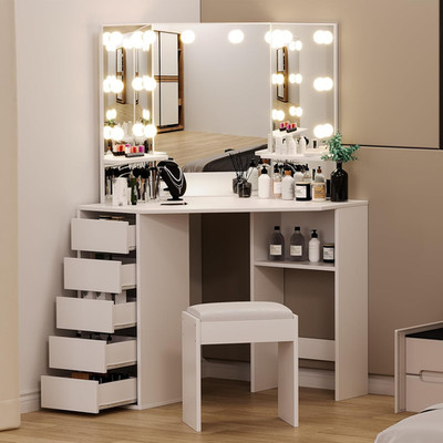 Corner Vanity Desk and Bench, Makeup Vanity Table with 3-Folding Lighted Mirrors