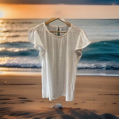 LOFT Linen Flutter Sleeve Tee White Large Beach Vacation-romantic