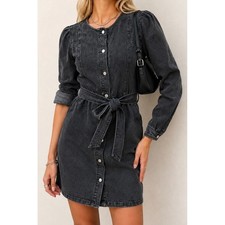 Habitual Women M Washed Black Gray Denim Mini Dress Snap Front Tie Belt