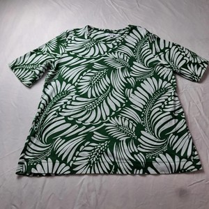 Chico's Women's Top Size 2 US L Green White Tropical Leaf Print Crew Neck