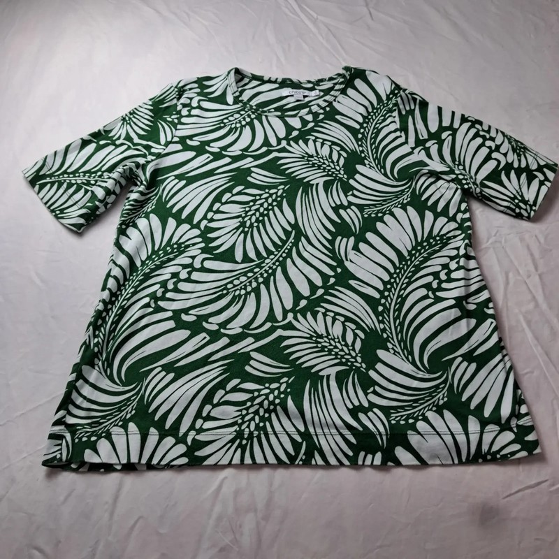 Chico's Women's Top Size 2 US L Green White Tropical Leaf Print Crew Neck