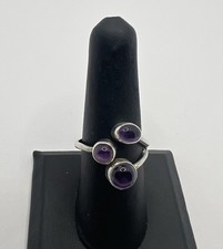 New 3 Purple Amethyst Gemstone Statement Ring 925 Sterling Silver Band size 8