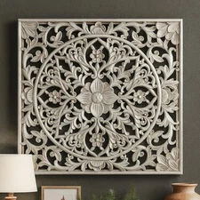 Boho Carved Wood Wall Sculpture, Intricate Floral Mandala Design with Distres...