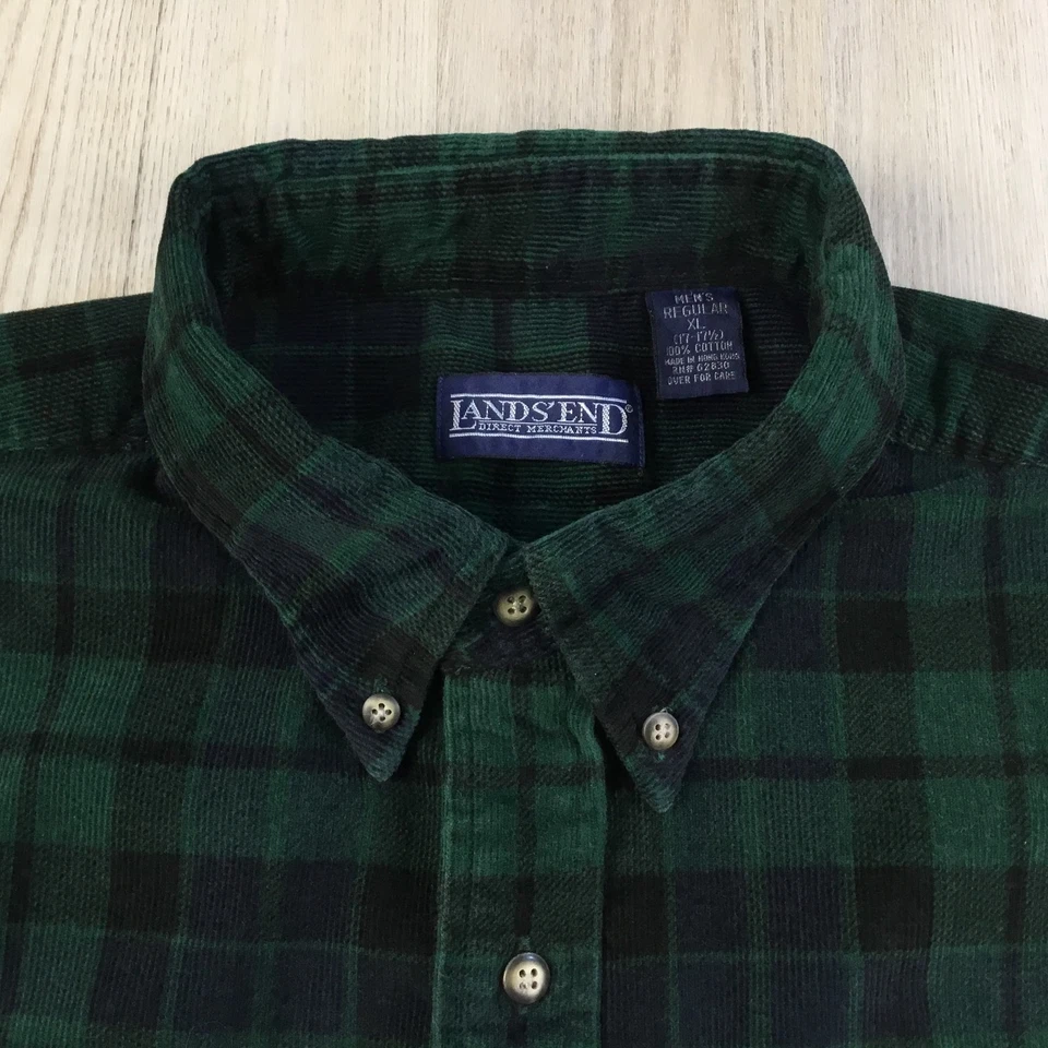 Lands End Mens Shirt XL Black Watch Plaid Corduroy Vintage 90s Long Sleeve Retro - Image 3 of 4