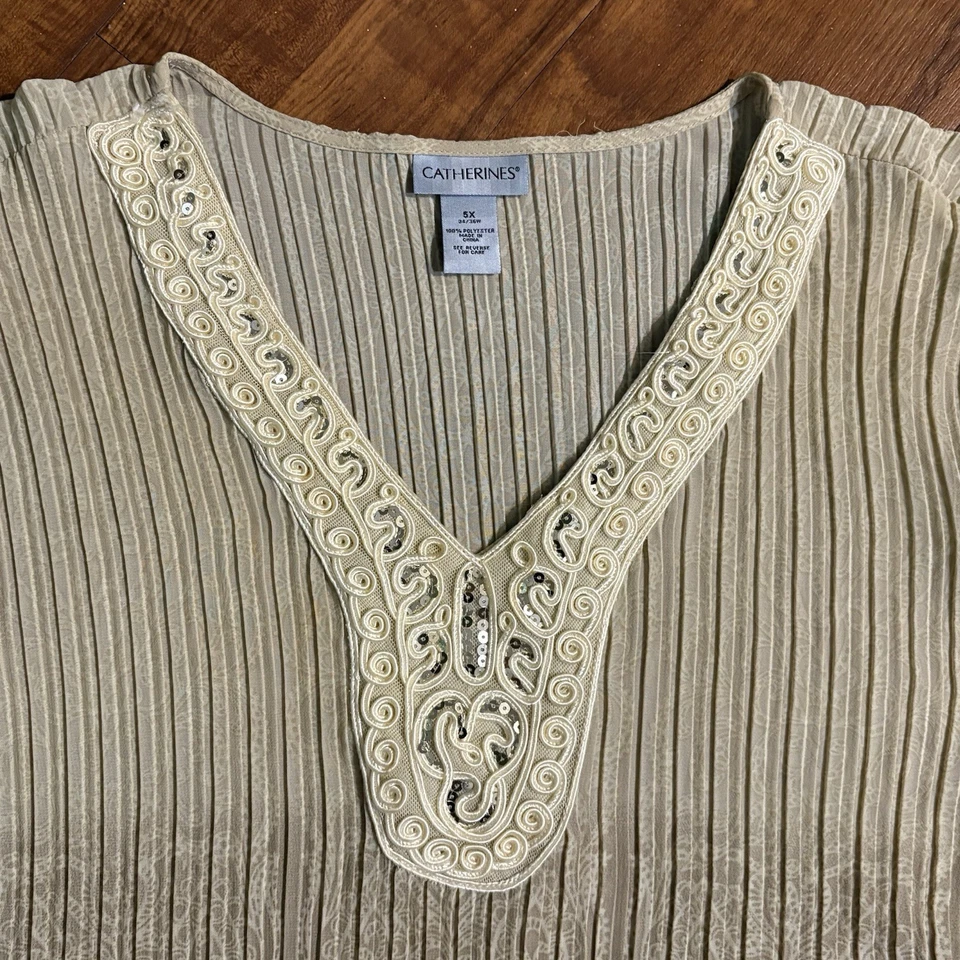 Blusa túnica BOHO Catherines Top 5X beige marrón acordeón aleteo manga campana Foto 2 de 4