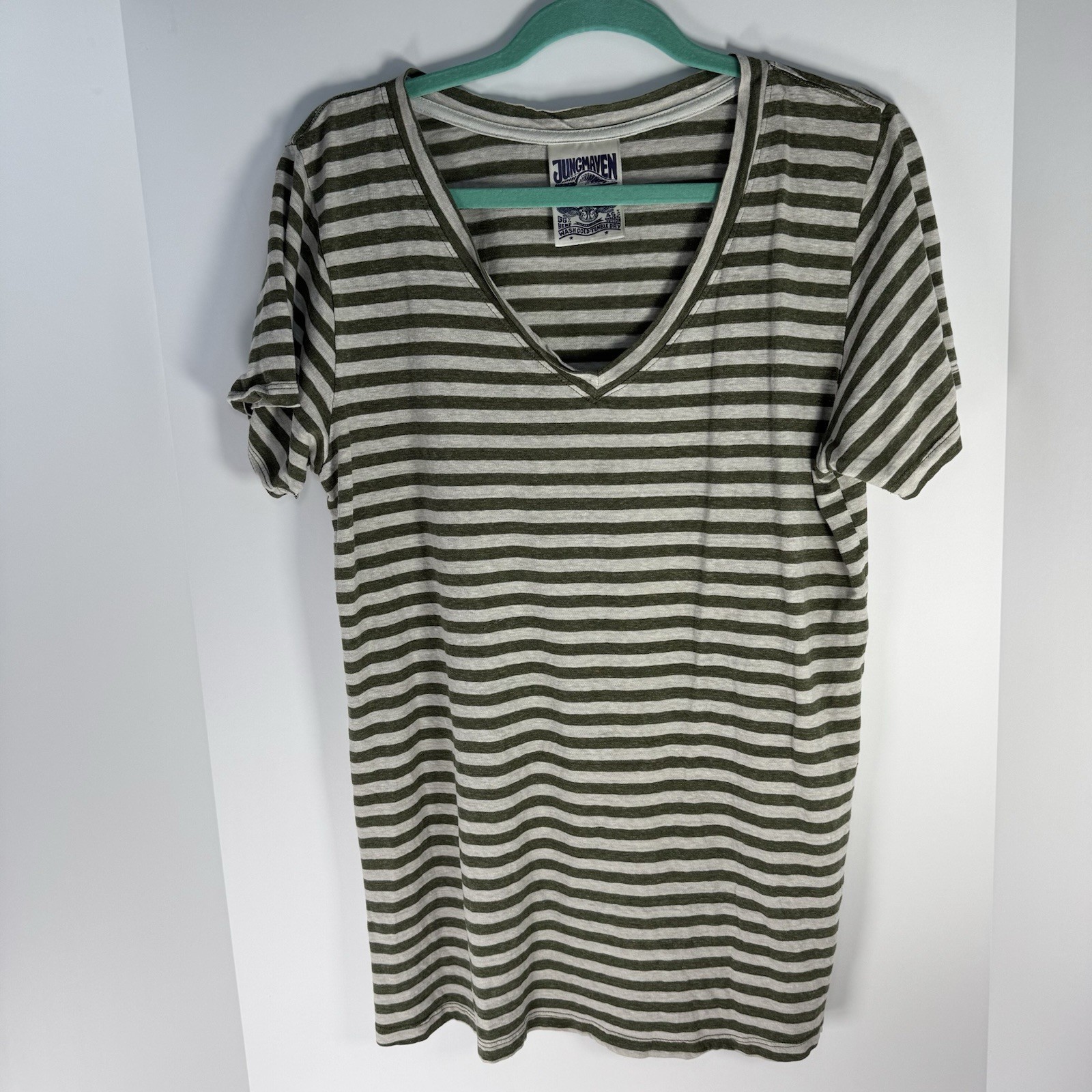Jungmaven Striped Paige V-neck T-shirt Olive Green Hemp Organic Cotton Large