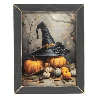 Primitive Rustic Halloween PUMPKIN WITCH HAT PICTURE Black Framed Wall Hanging