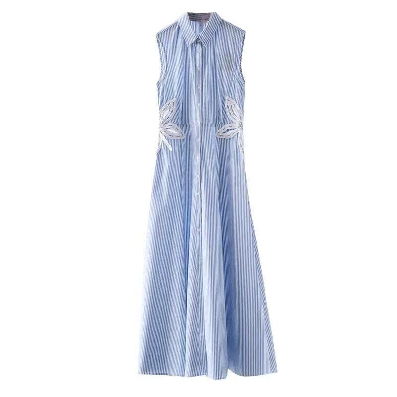 🎁AUTHENTIC NEW Sandro Women Lapel Stripe Pearl Hollow Sunflower Shirt Dress SML