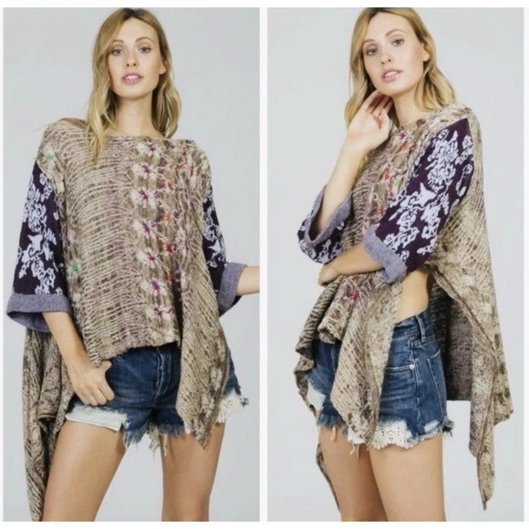 Free People Fressia Pullover Poncho Sweater Kimono Sleeves Size L Boho Fairy