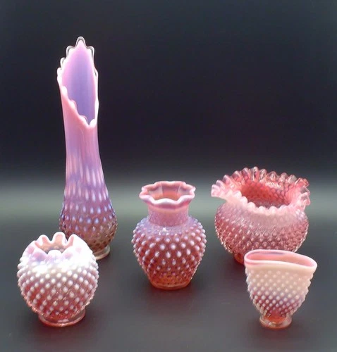 5pc Lot of Fenton CRANBERRY OPALESCENT Art Glass Vases Mini, Rose, Swung++