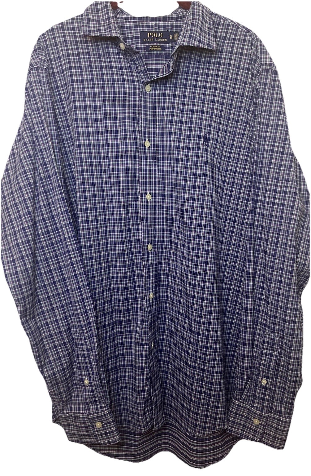Polo Ralph Lauren Performance Shirt Uomo XL Blu Plaid Logo Vestibilità Classica LS Pony