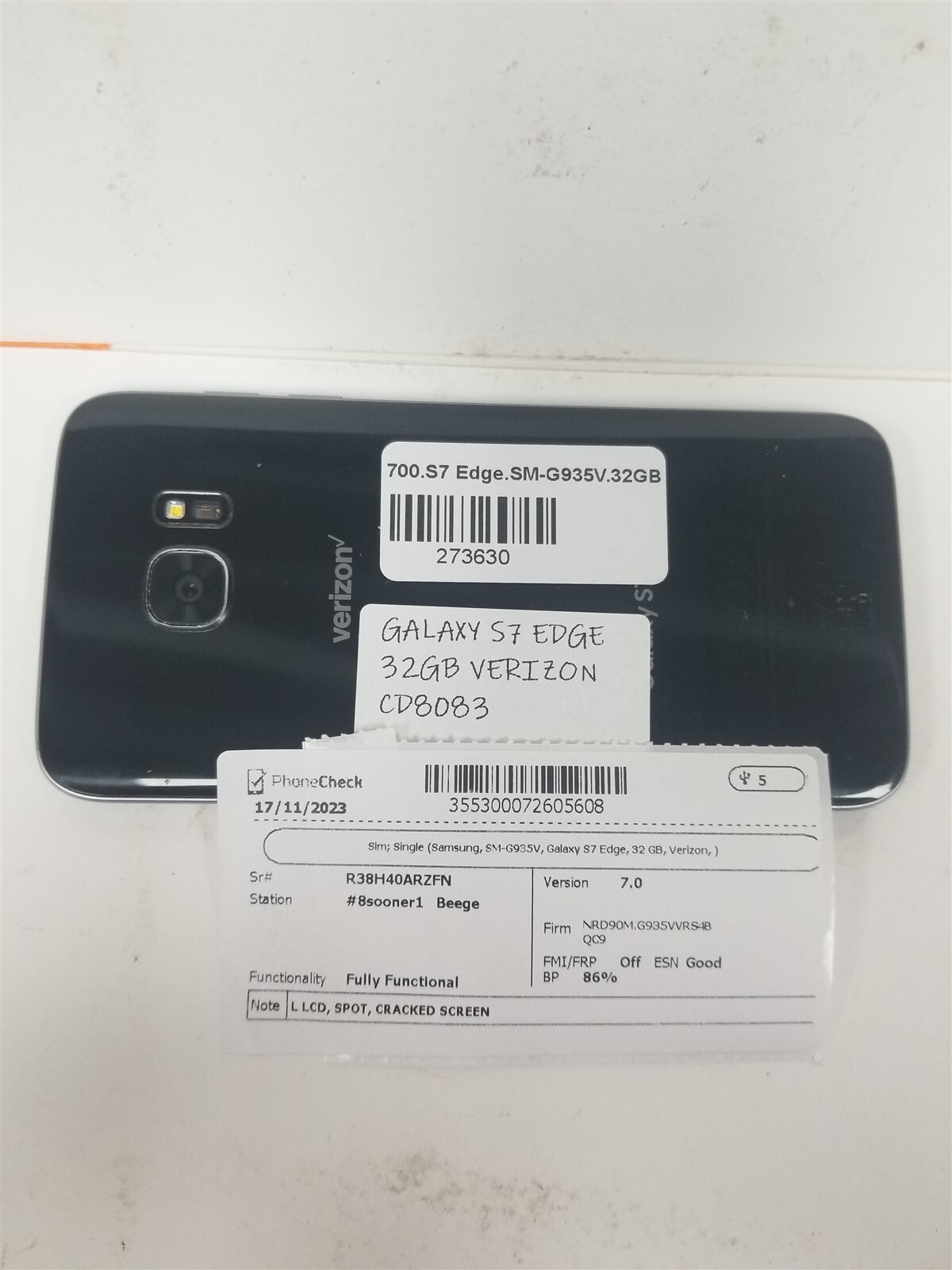 SAMSUNG GALAXY S7 EDGE 32GB BLACK SM-G935V (VERIZON) DAMAGED CD8083