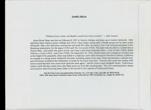 USA, SCOTT # 3082, LARGE FULL SHEET FDC COVER JAMES DEAN, LEGENDS OF HOLLYWOOD - Picture 2 of 2