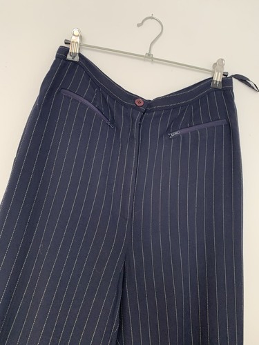 Super Vintage 80s 90s Y2K Two Piece Rayon Suit Floaty Pinstripe Yellow Navy S/M - Picture 11 of 12