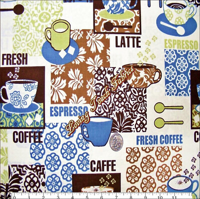 RK #11235174 ''METRO CAFE'' ESPRESSO COFFEE CUPS WORDS FABRIC YD 36'' X 44'' GRN