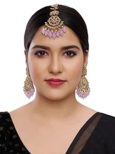 RHYMEE Elegant Gold and Light Purple Plated Maang Tikka & Earrings Set for Bride