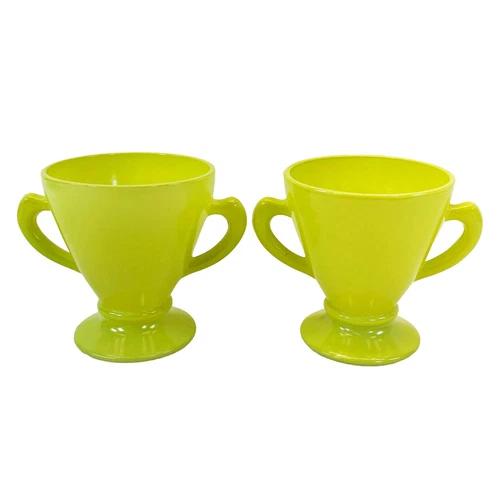 Vintage Hazel Atlas Ovidue Yellow Milk Glass Double Handle Footed Set of 2 Cups