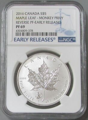 2016 シルバー カナダ $5 メープル リーフ 陰陽プライベート 2016 SILVER CANADA $5 MAPLE LEAF MONKEY PRIVY NGC REVERSE