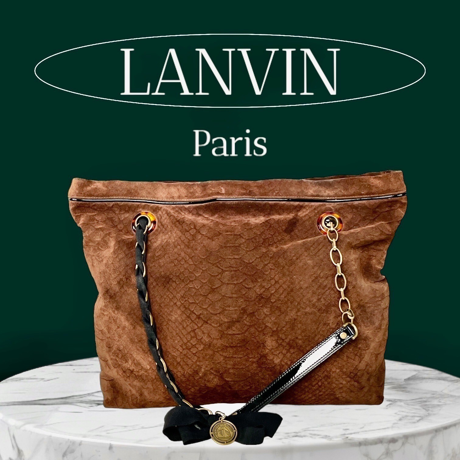 LANVIN "Amalia" Python Print Brown Suede Bucket S… - image 21