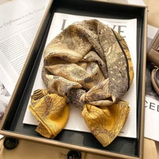 100% Silk Long Scarf Women Vintage Yellow Flower Neckerchief Bandana Wrap 140*35