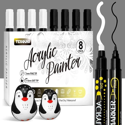 TESQUIO Weiß Schwarz Acrylstifte Dual Tip 8Pcs Weißer Stift Wasserfest Marker Stifte Per