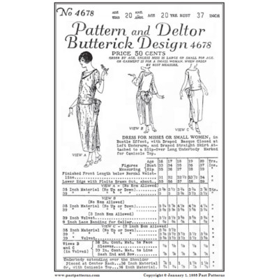 Past Patterns 4678 - Early 1920s Dress with Bustle Sewing Pattern bust 37''