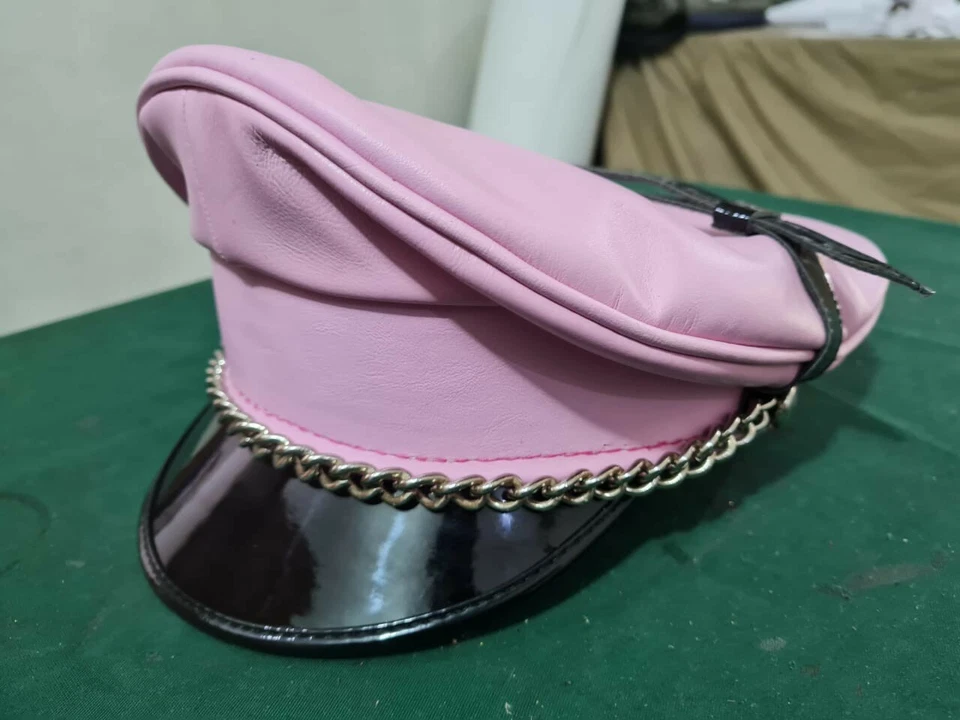 Real Leather pink Leather Biker Peaked Muir Army Police Gay Chain Cap Party Hat - Image 3 of 4
