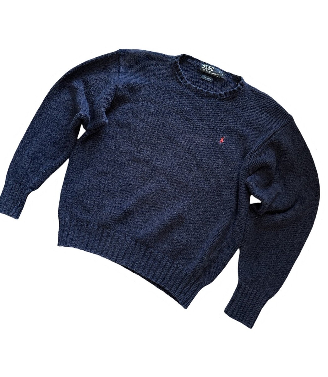 VTG Polo Ralph Lauren Sweater Men L Navy Blue Knit Pullover
