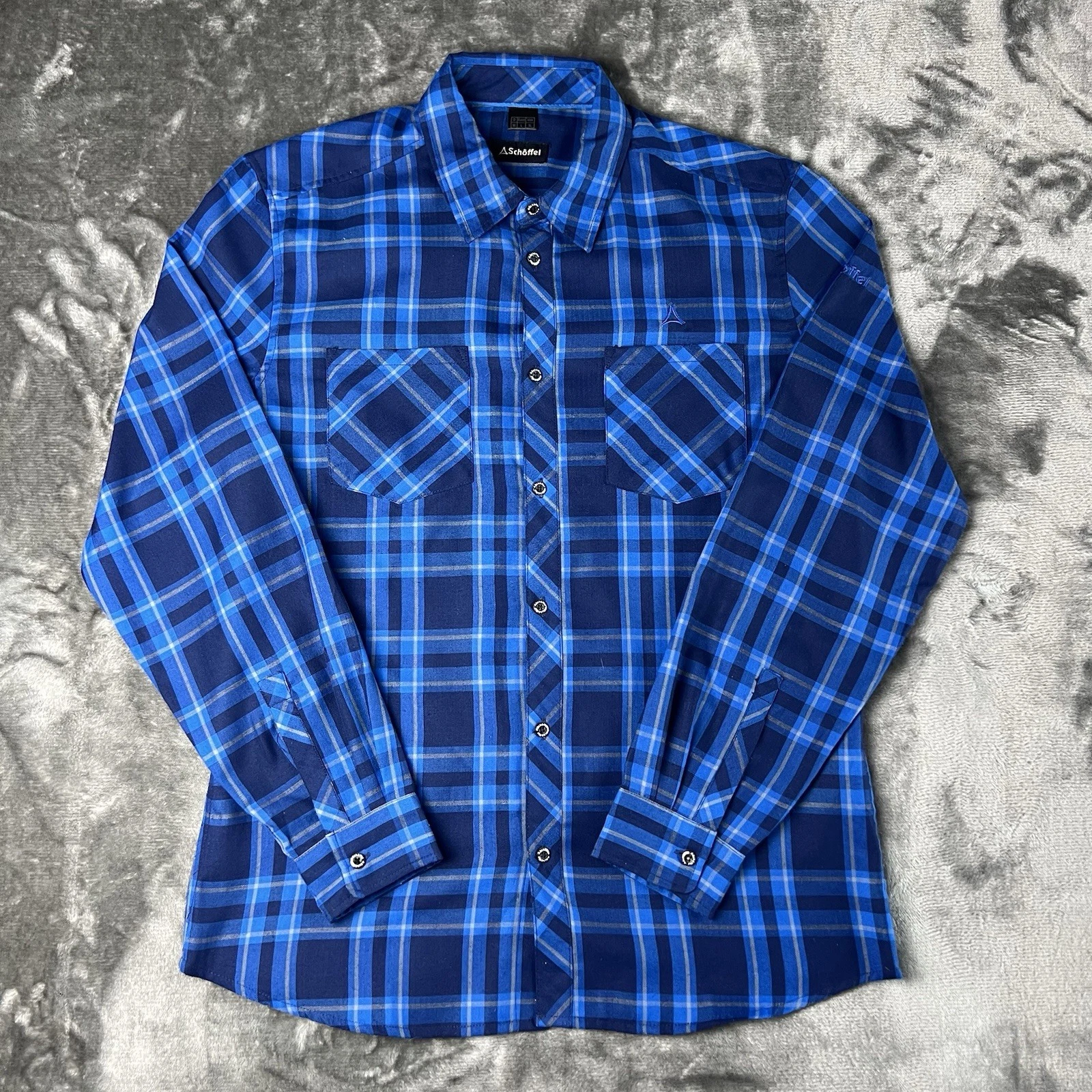 Schöffel Shirt Mens Large Blue Check Long Sleeve Outdoor Hiking Casual Button Up