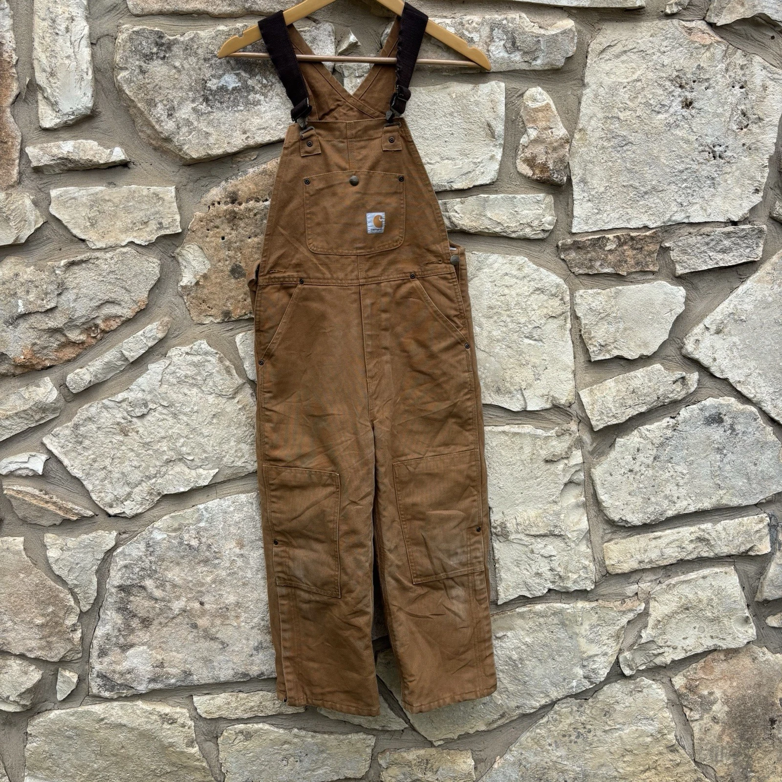 Carhartt brown duck canvas insulated bib overalls boys size 8