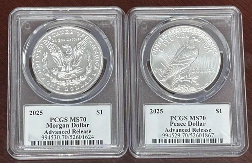 2025 Morgan & Peace Dollar Set PCGS MS-70 Advanced Release Damstra Signed