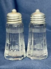Vintage Depression Era Crystal Cut Etched Glass Salt & Pepper Set Tin Tops, 1930