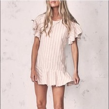 LoveShackFancy Cara Striped Mini Dress Cotton Tan Pink Size S Flirty Ruffle