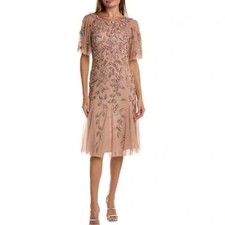 Adrianna Papell Beaded Sequin Mesh Midi Dress Rose Gold Flutter Sleeve Size 2