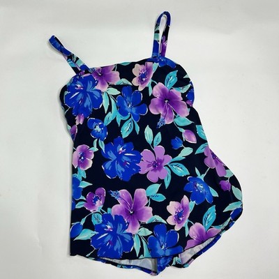 Maxine of Hollywood Plus Size 18 Blue Tropical Floral One Piece Swimsuit Dress