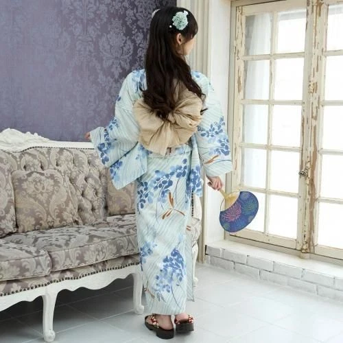 Japanese Yukata Kimono 3-piece set with a golden dragonfly on a mizuasagi - Image 4 of 4
