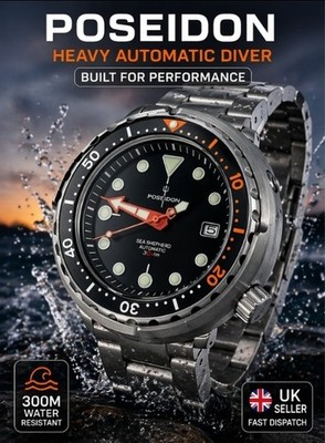 POSEIDON Automatic Black 'Tuna' Heavy Divers Watch 30ATM (SEIKO TMI) NH35