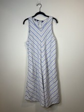 Lands' End 100% Linen Sleeveless Midi Dress Blue Beige Stripe Coastal Large Tall